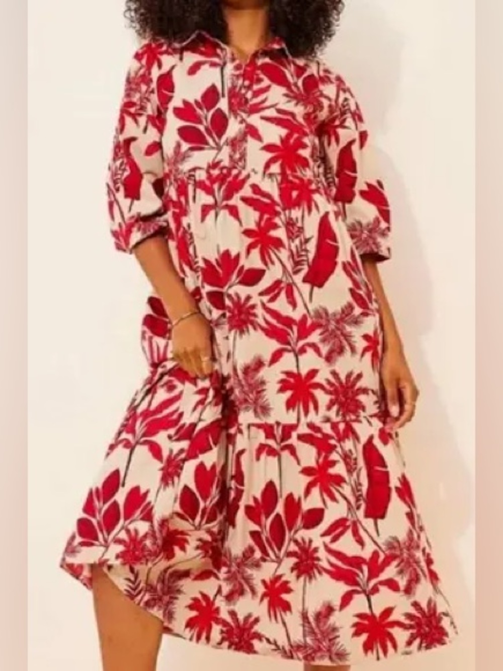 NWOT. Anthropologie Maeve Cream Midi Dress with Red Tropical Print